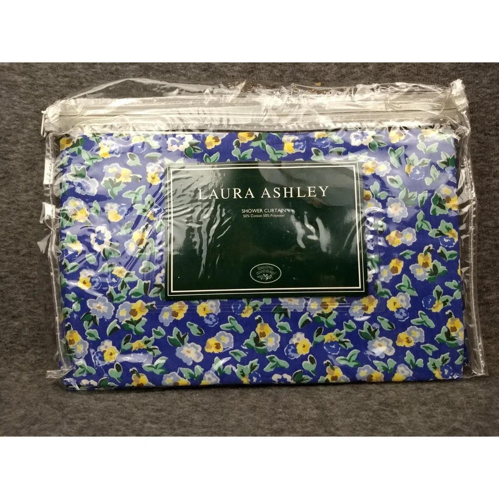 Laura Ashley Fabric Shower Curtain Floral Gingham Blue No Iron Washable Rare NEW